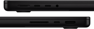 Le porte di MacBook Pro: lato sinistro, porta MagSafe 3, due porte Thunderbolt e jack cuffie; lato destro, slot SDXC card, una porta Thunderbolt e porta HDMI