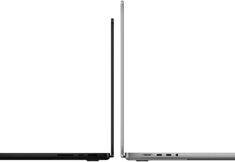 Due MacBook Pro da 14" e da 16" posizionati in modo da confrontarne le dimensioni e metterne in risalto il profilo sottile
